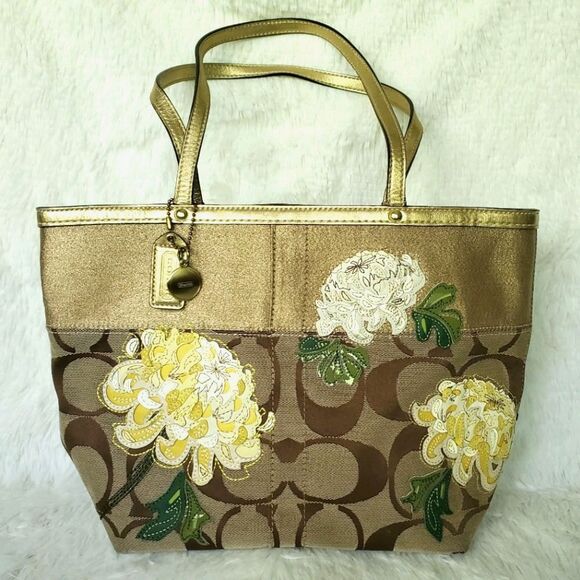 Coach Peony Applique Signature Floral Tote Bag - Picture 1 of 7